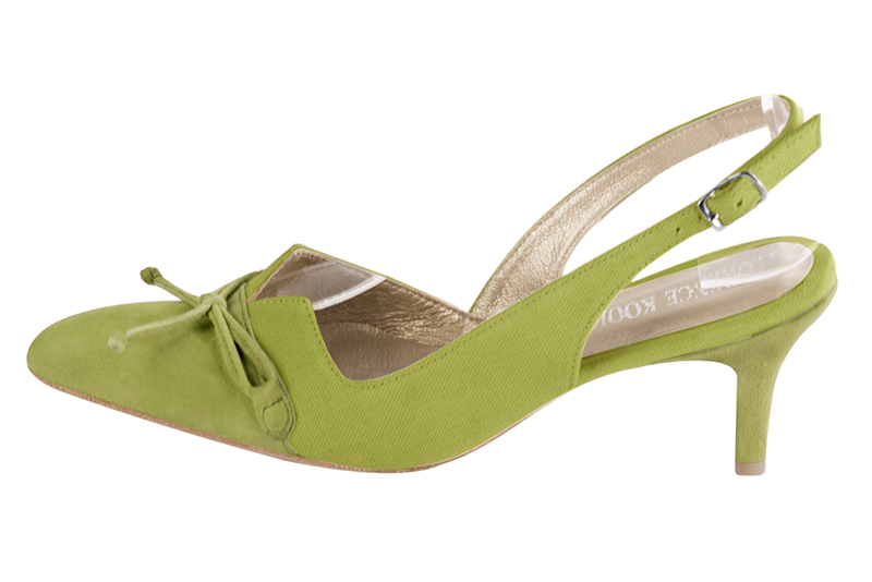 Pistachio green women's open back shoes, with a knot. Tapered toe. Medium slim heel. Profile view - Florence KOOIJMAN
